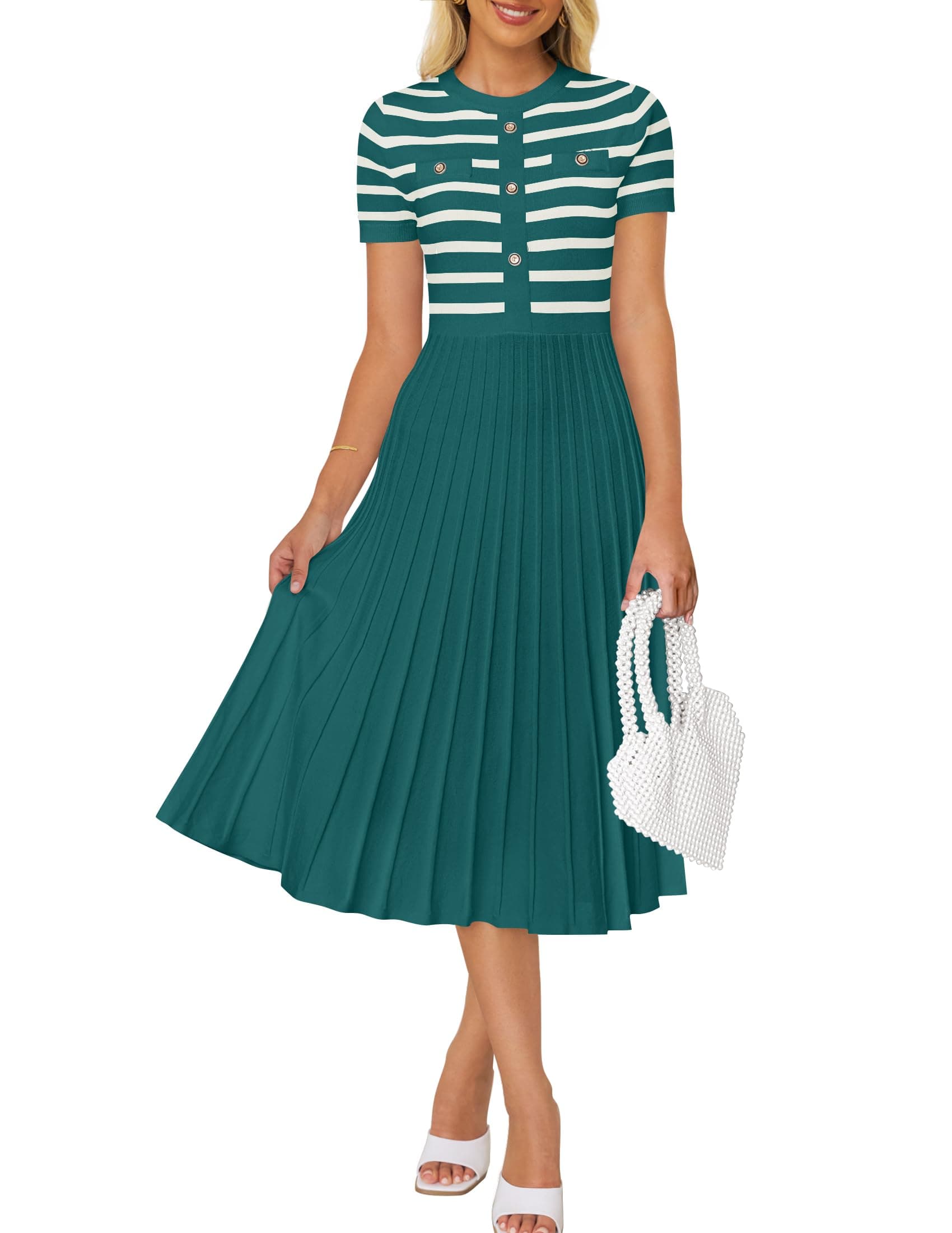 Women's 2026 Casual Striped Midi Dress Crewneck Short Sleeve Button Ribbed Knit Swing Pleated A Line Dresses