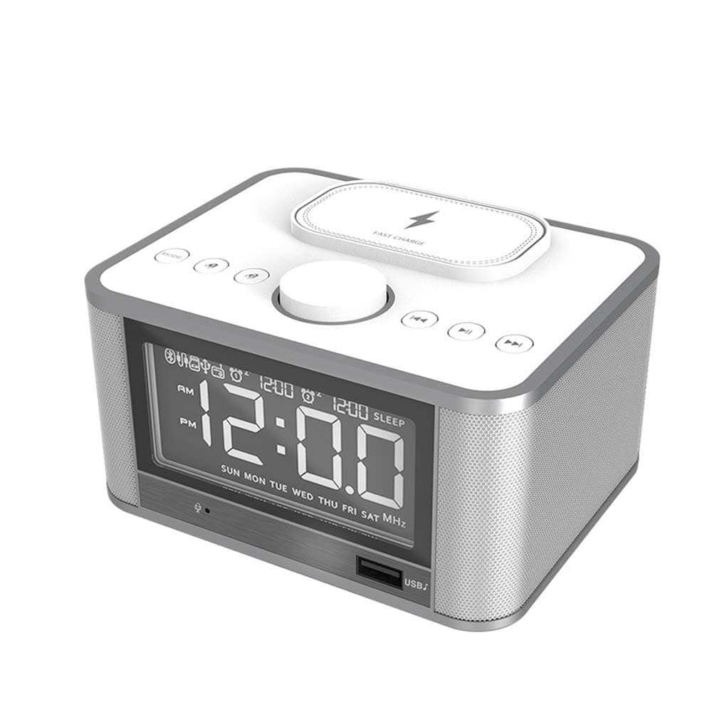 LHZTZKA Qi Certified Wireless Charging Digital Double Alarm Clock, Clock Radio Alarm Lightning Docking station FM Radio, Bluetooth, USB Port for Charging, LCD Display, Aux-in