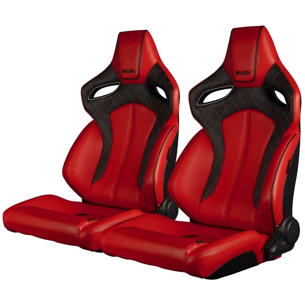 ORUE Series Racing Seats – Red/Black Leatherette with Red & Black Stitching & Black Piping – Reclining Bucket Seats with Carbon Fiber Backing – Set of 2 (BRR6-RDBS)