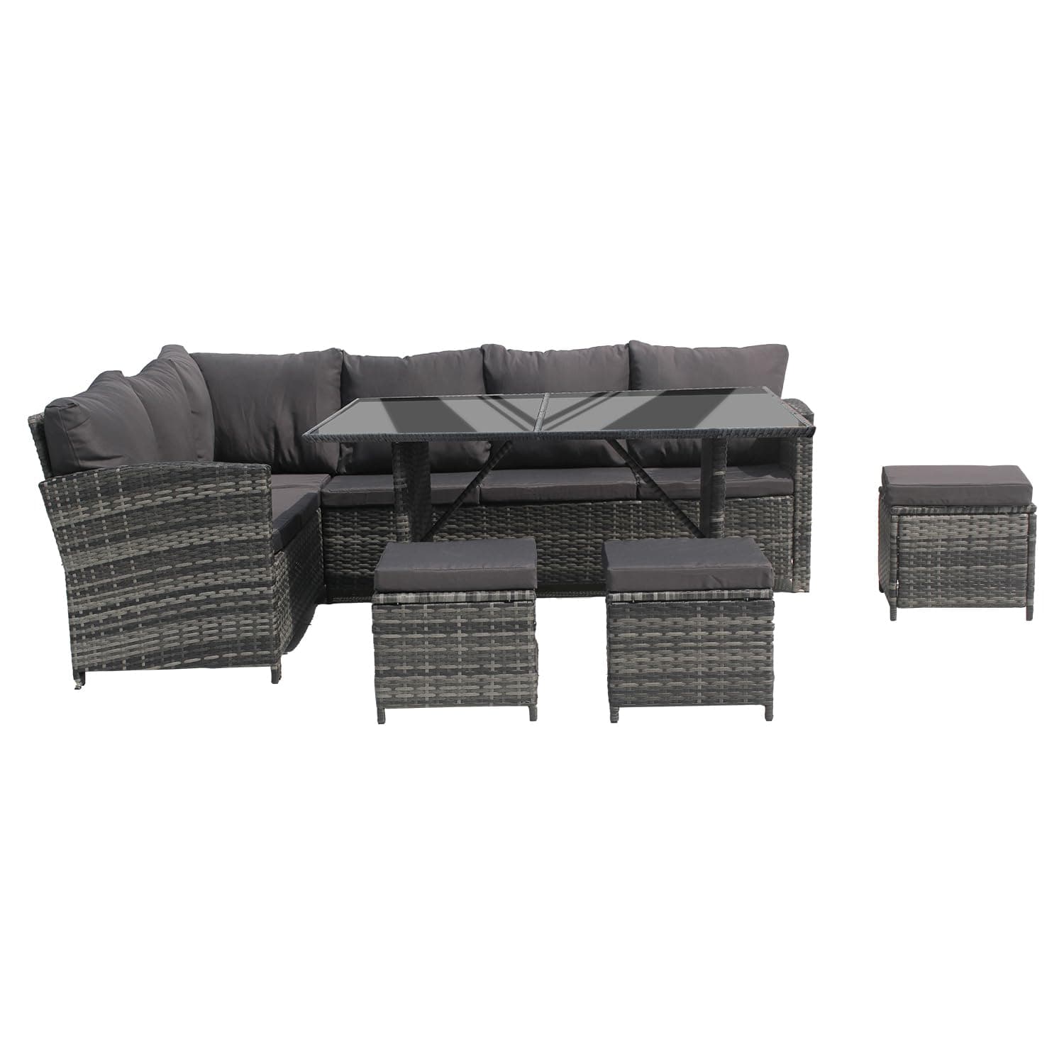 Garden Corner Sofa Rattan Furniture Set 9 Seater Patio Outdoor Lounge Settee with Glass Dining Table All-weather SFS019 (Mixed Grey with Dark Cushions)