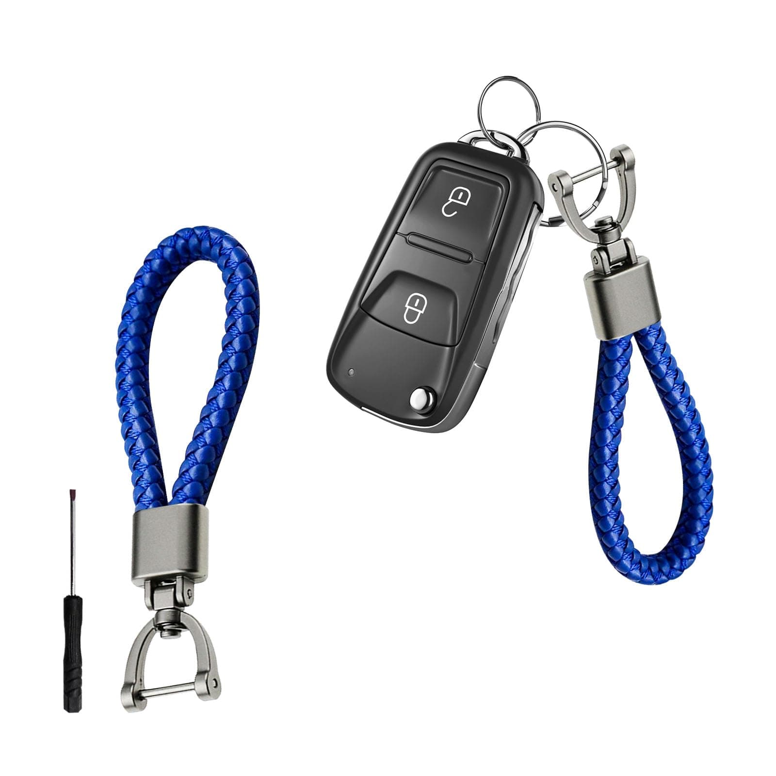 Augeny Braided Microfiber Leather Car Keychain, Weave Rope Metal Fob Key Chain with 360 Degree Rotatable D-Ring and Screwdriver, Universal Auto Keyring Strap for Men and Women (Blue)