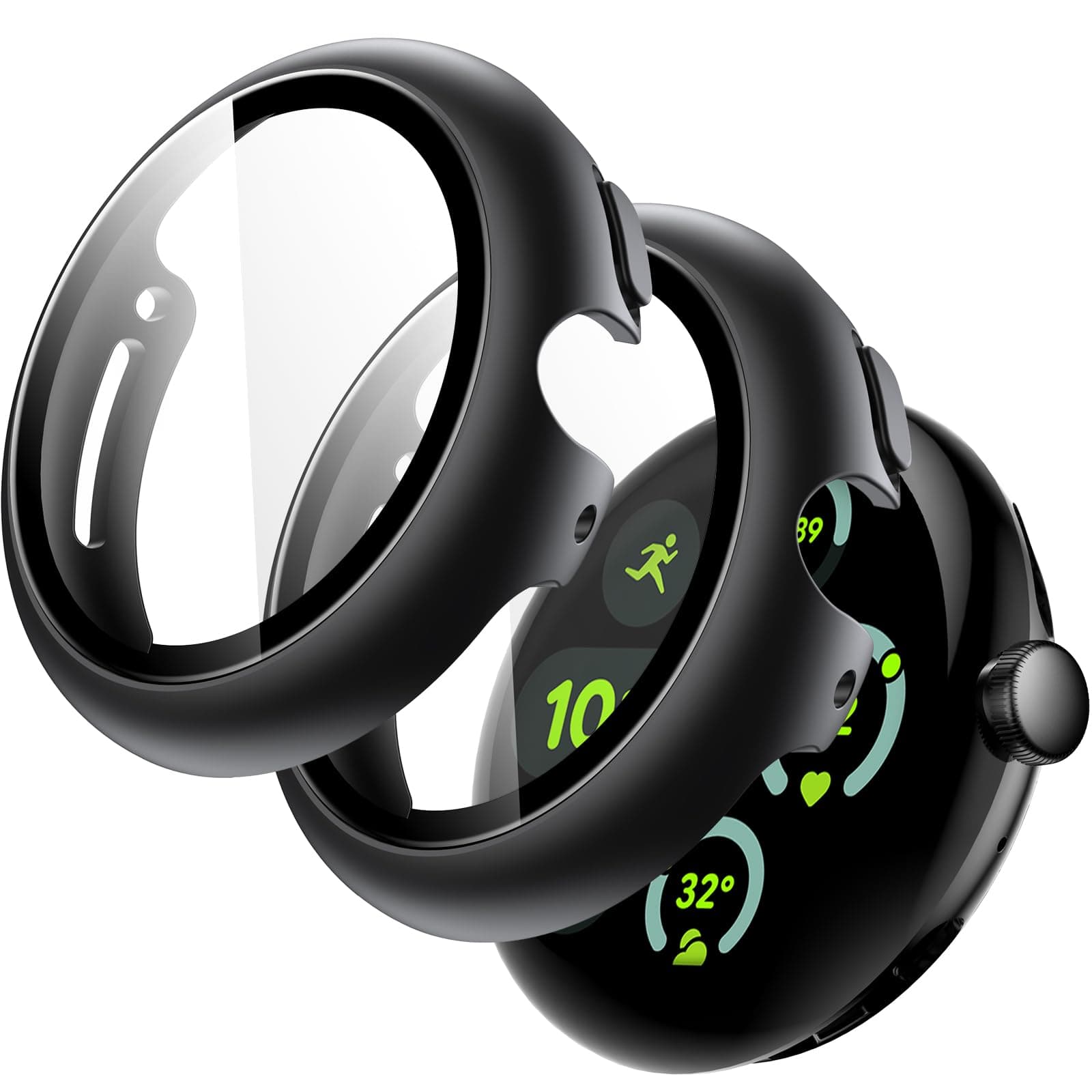 JETech Case with Screen Protector for Google Pixel Watch 3/2/1 41mm, Built-in 9H Tempered Glass Film Hard PC Bumper Full Coverage Protective Cover, 2-Pack (Black/Black)