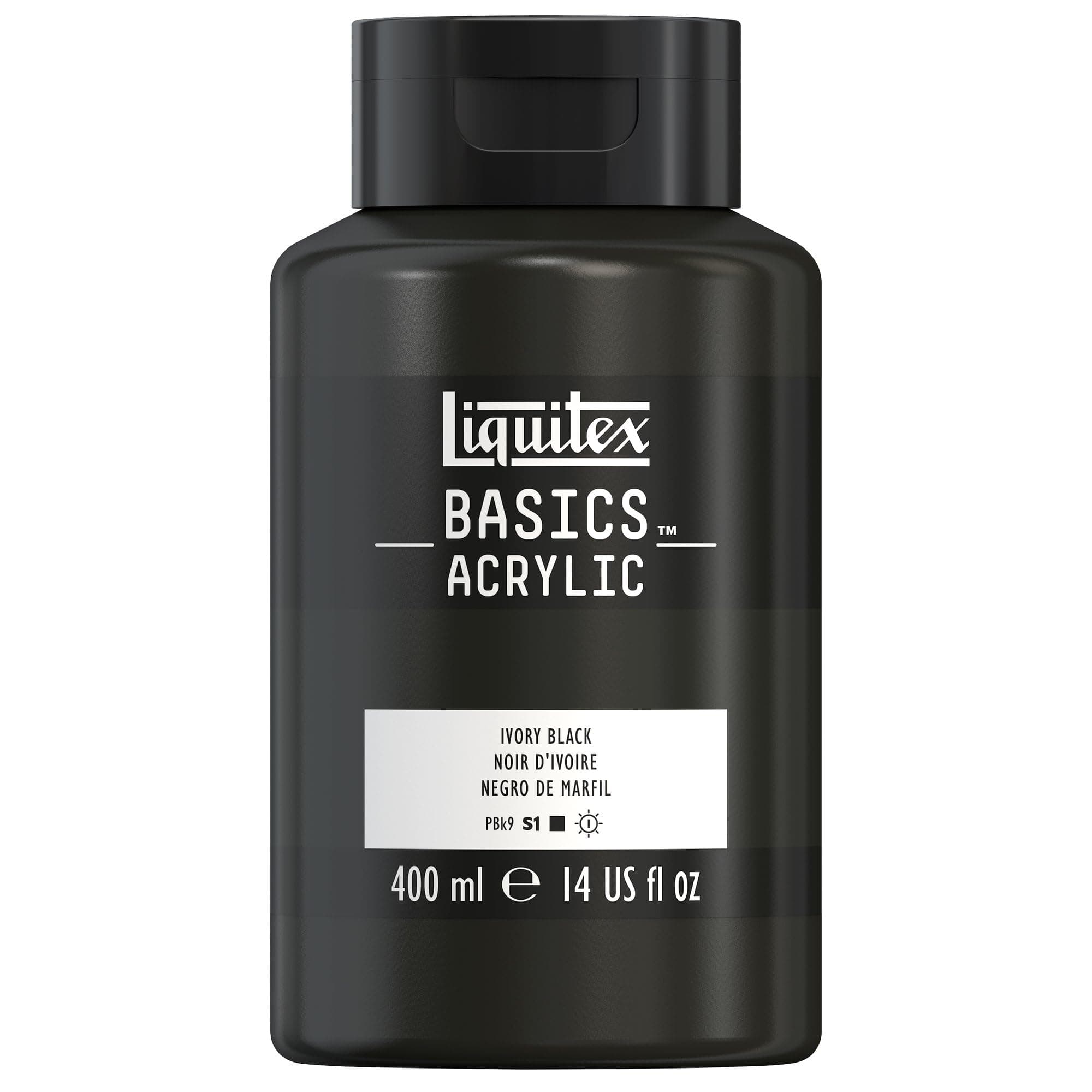 Liquitex Basics Acrylic Colour 400ml Jar Ivory Black Row, these acrylic paints have excellent light resistance, are non-yellowing, and age-resistant, with a silky gloss finish