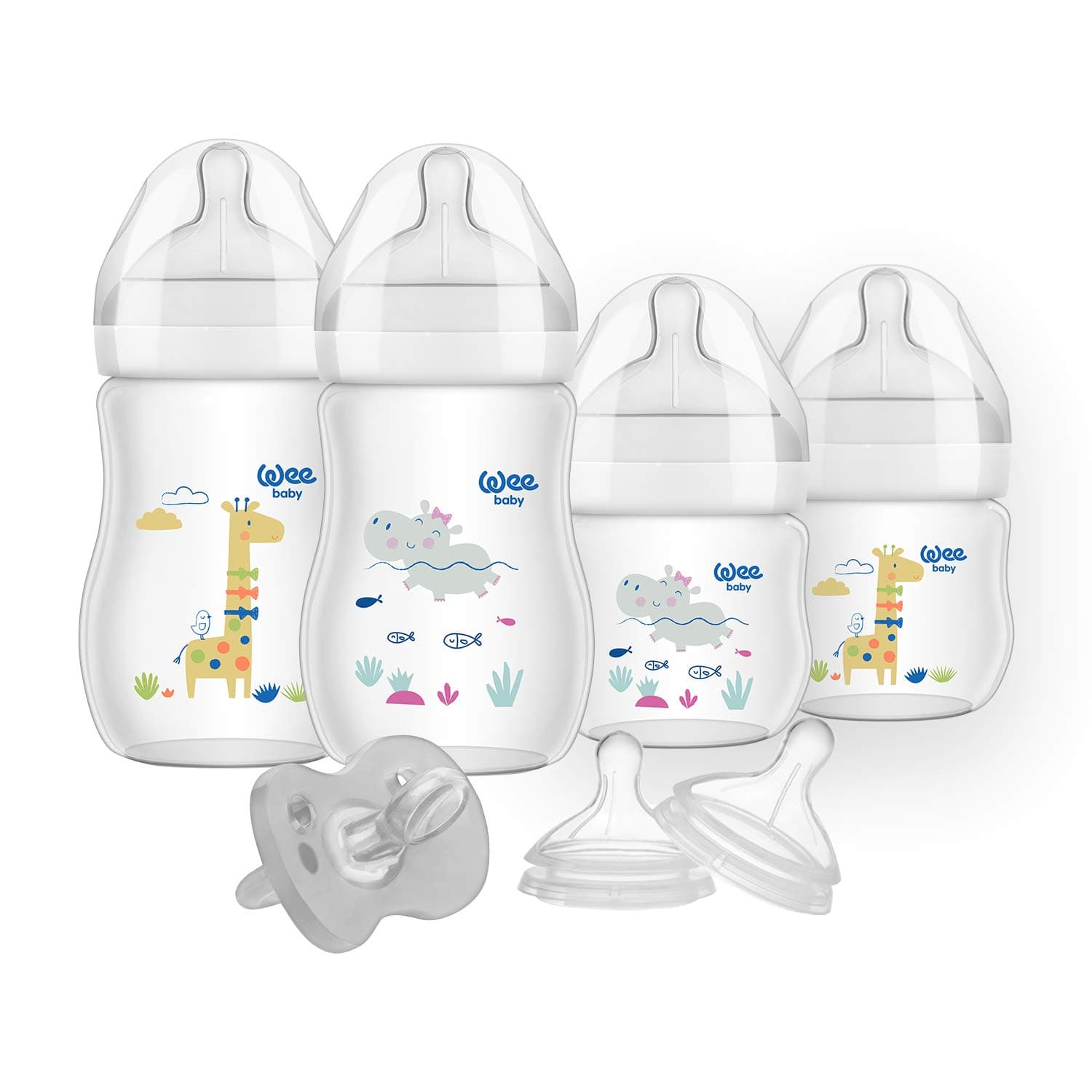 Wee Baby Natural Newborn Baby Bottle Feeding Starter Gift Set, Breast-Like Nipple for Natural Latch, Anti-Colic Features, BPA Free, Unisex, 9-Count, Boys, Girls, Wide Neck