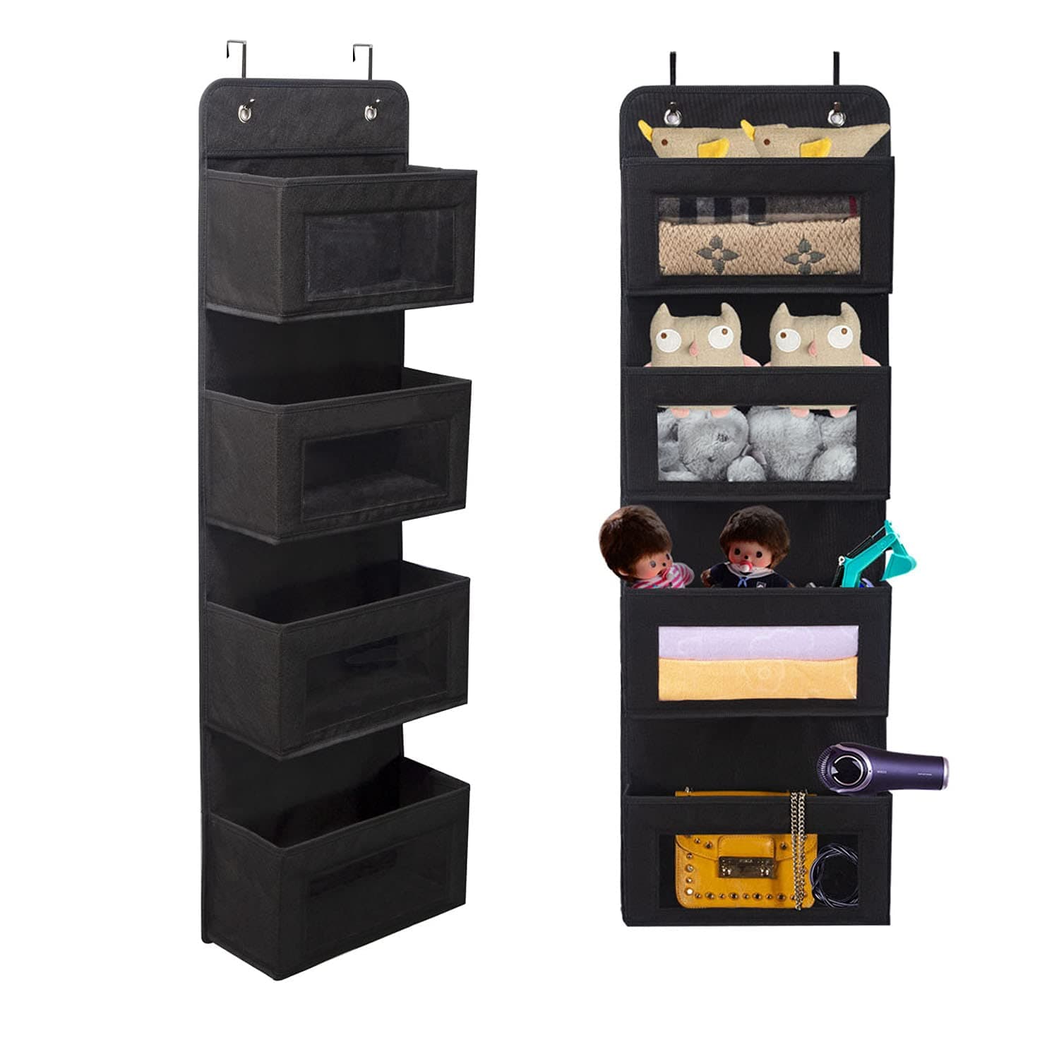 Over Door Storage Organiser, Soft Fabric Hanging Storage Organizer with Clear Window for Pantry Baby Nursery Bathroom Closet Dorm Room 4 Pockets, Black