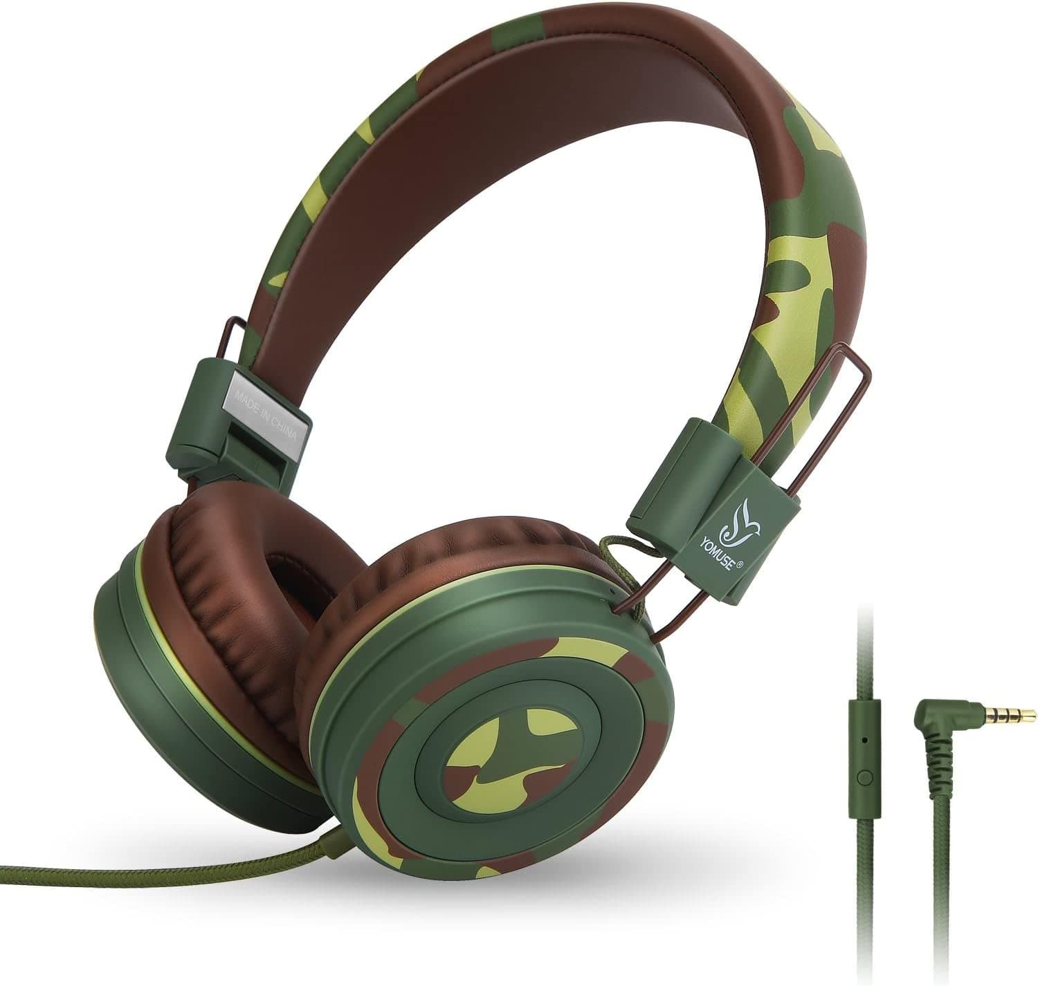 C89 Kids Headphones, Wired Headphone with Microphone, On Ear Headphone with Adjustable, Foldable Headphones for School Travel Children Girls Boys Adults (Camo Green)