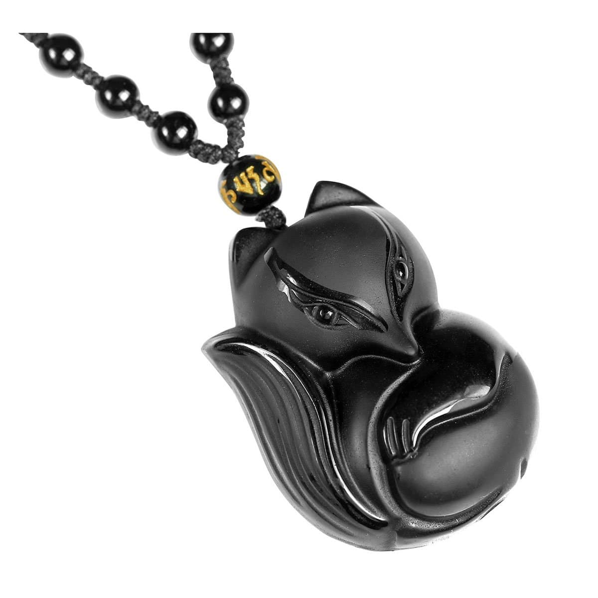 Natural Genuine Obsidian Lucky Fox Amulet Pendant Necklace Adjustable Woven Rope Beads Hanging Ornament Protection Crystal Jewellry Gift for Men Women