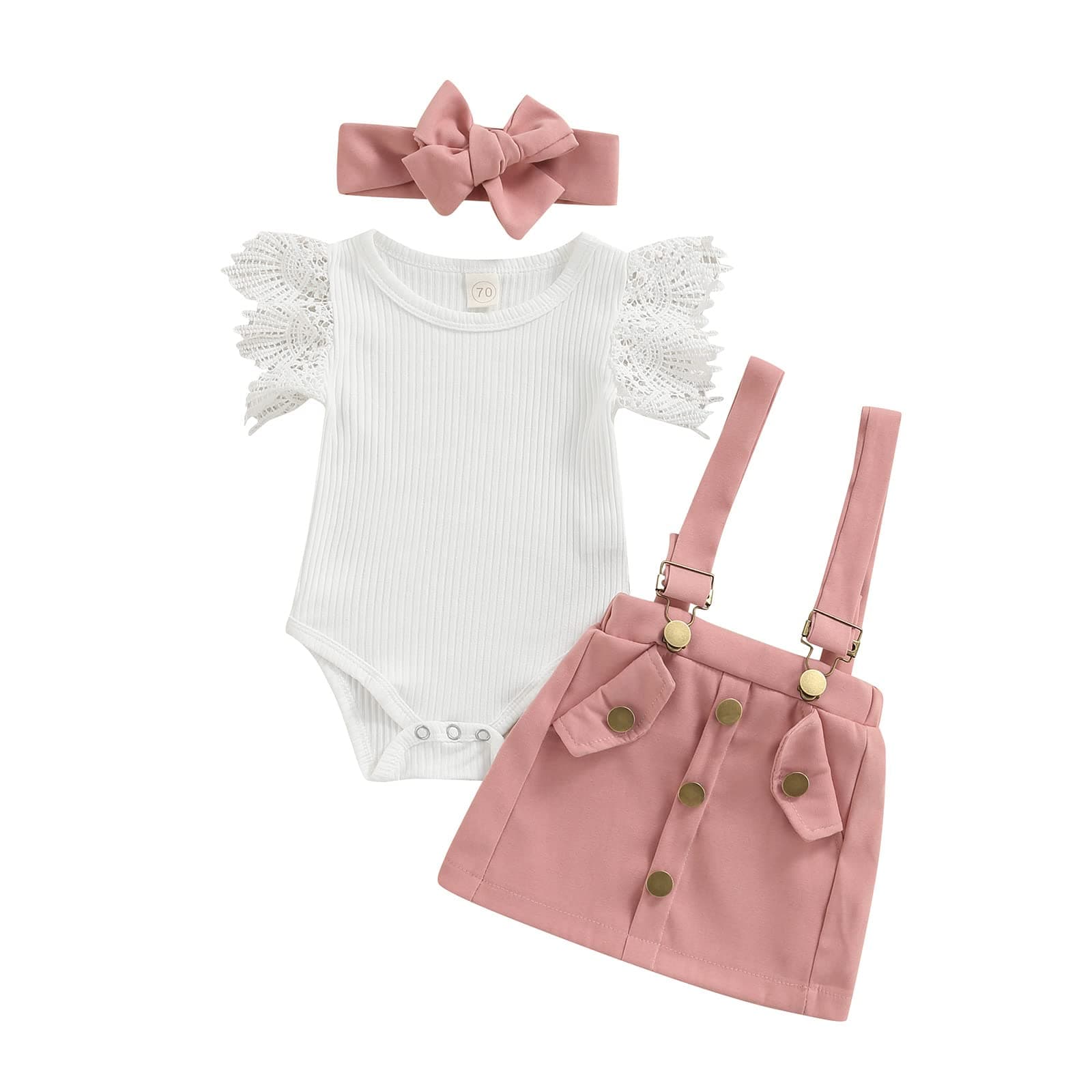 Madjtlqy Infant Girls Summer 3Pcs Outfit Sets Ruffle Short Sleeve Ribbed Romper + Suspender Skirt + Headband