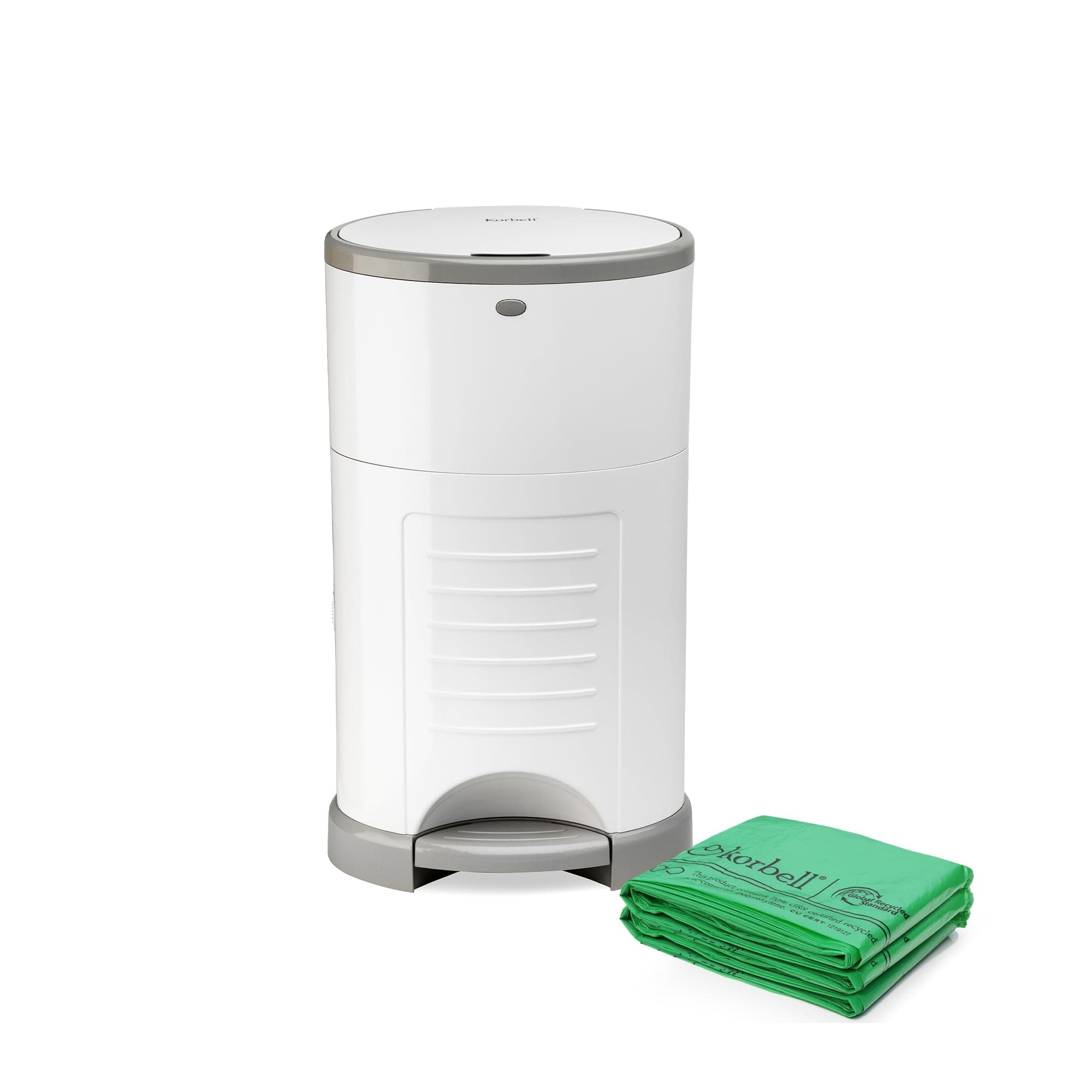 Korbell Classic Nappy Diaper Bin & Disposable Liner Bundle Lasting Up to 10 Months | 44 Weeks Hygienic, Odour Free & Hands Free | Includes 4 Packs of Biodegradable Liners | Pure White