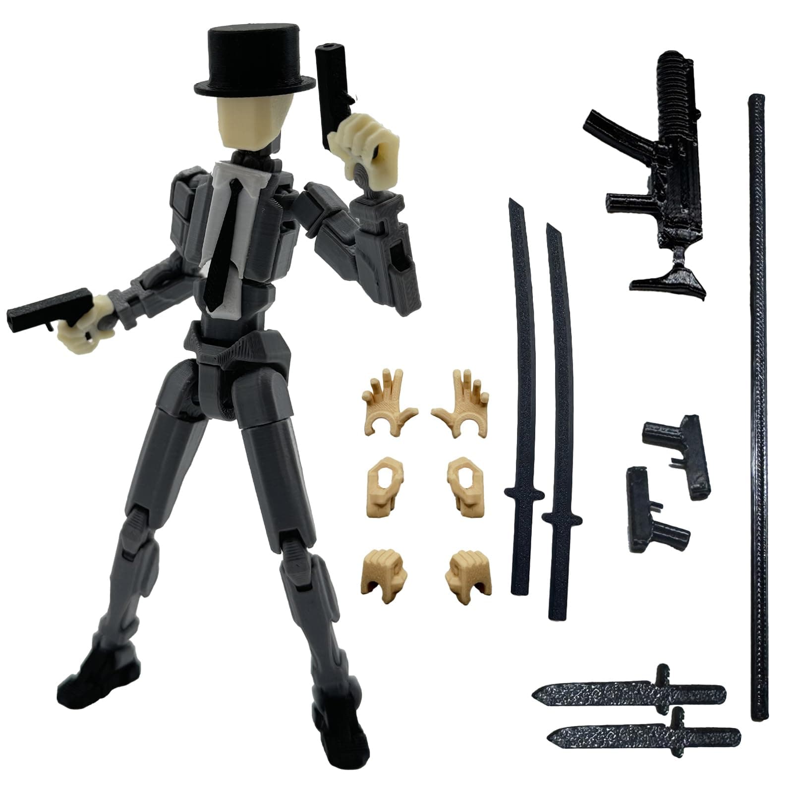 3D Printed 5.54-inch Multi-Jointed Action Figures Dummy13, Full Body Mechanical Movable Toy, Multiple Accessories, Hand Painted Figure, Desk Decoration, Creative Gifts (Y-Gray Gentleman)