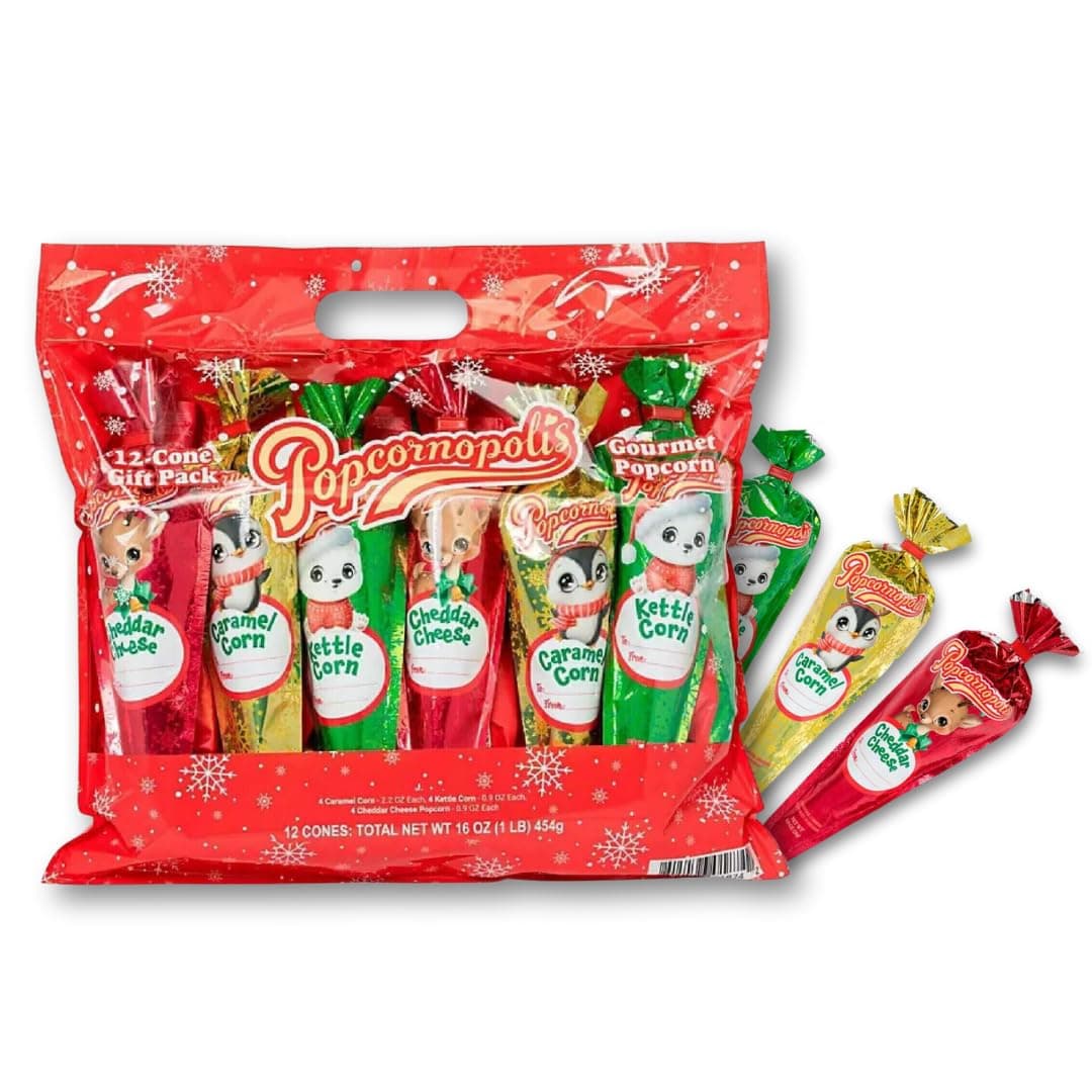 PopcornopolisGourmet Popcorn 12-Cone Holiday Gift Pack (16oz) - Christmas Popcorn