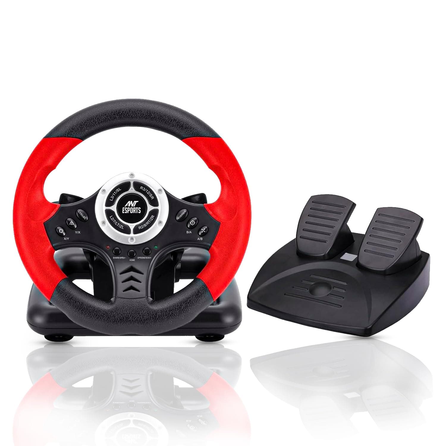Ant Esports GW170 Racing Steering Wheel with Pedals, 180° Rotation, Compact USB Gaming Wheel for PC, PS4, PS3, Xbox One, Xbox Series X/S, Switch & Android TV (Red/Black)