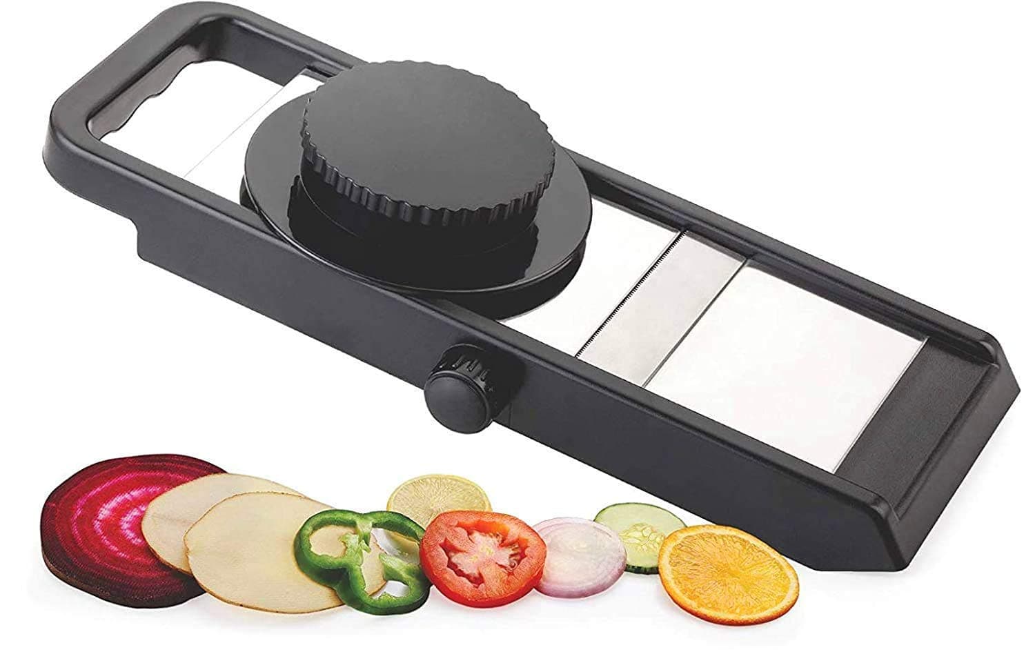Param Sales Stainless Steel Adjustable Slicer with Knob with Safety Holder Ideal for Potato, Onion, Carrots, Beat, Tomato, Cucumber, Black