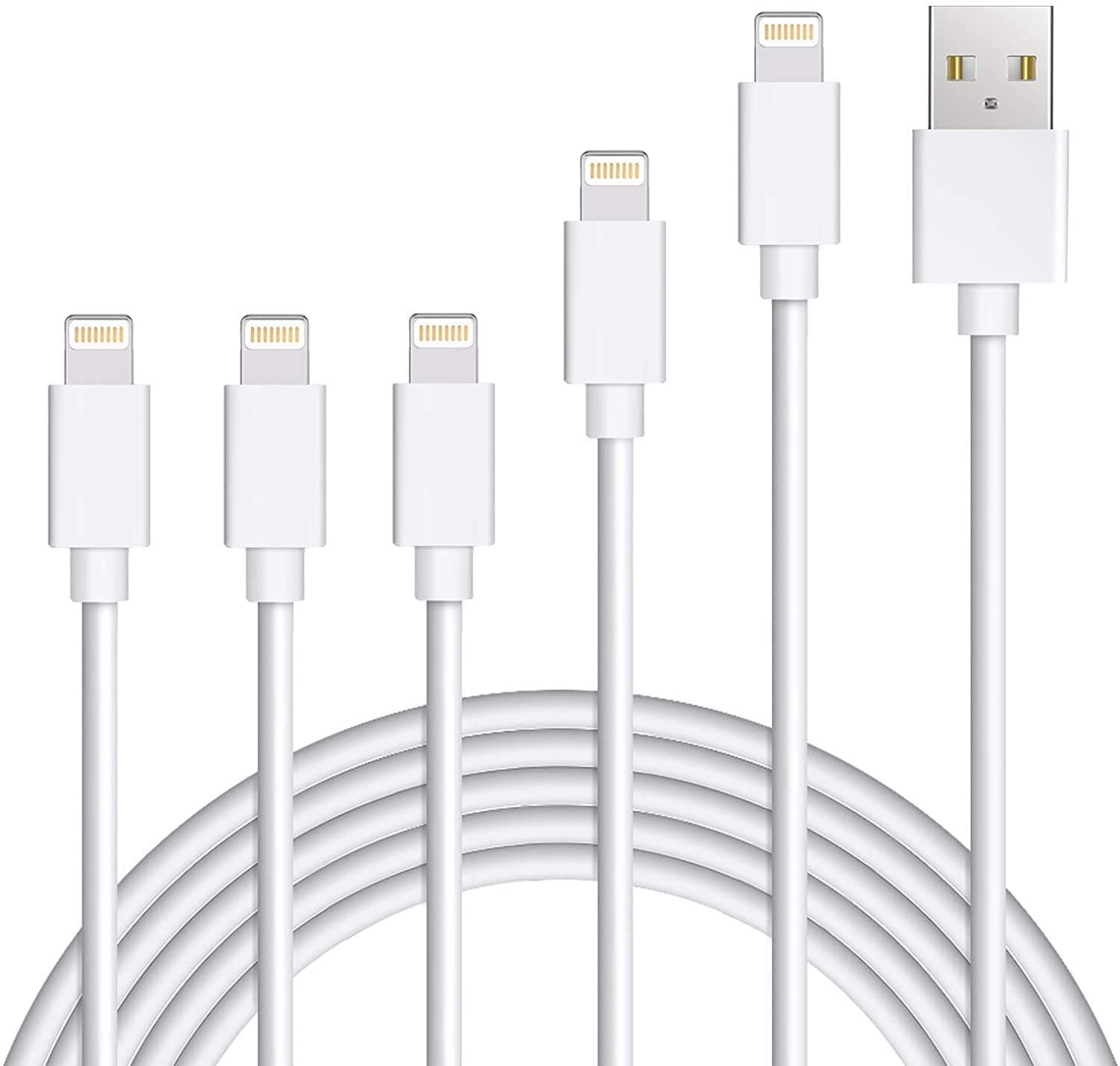 MFi Certified Lightning Cable, SUNDIX Phone Charger Cable【5Pack/ 3 x 1m, 1 x 2m, 1 x 3m】Extra Long Nylon Braided Fast Charging& Syncing Cord (white)