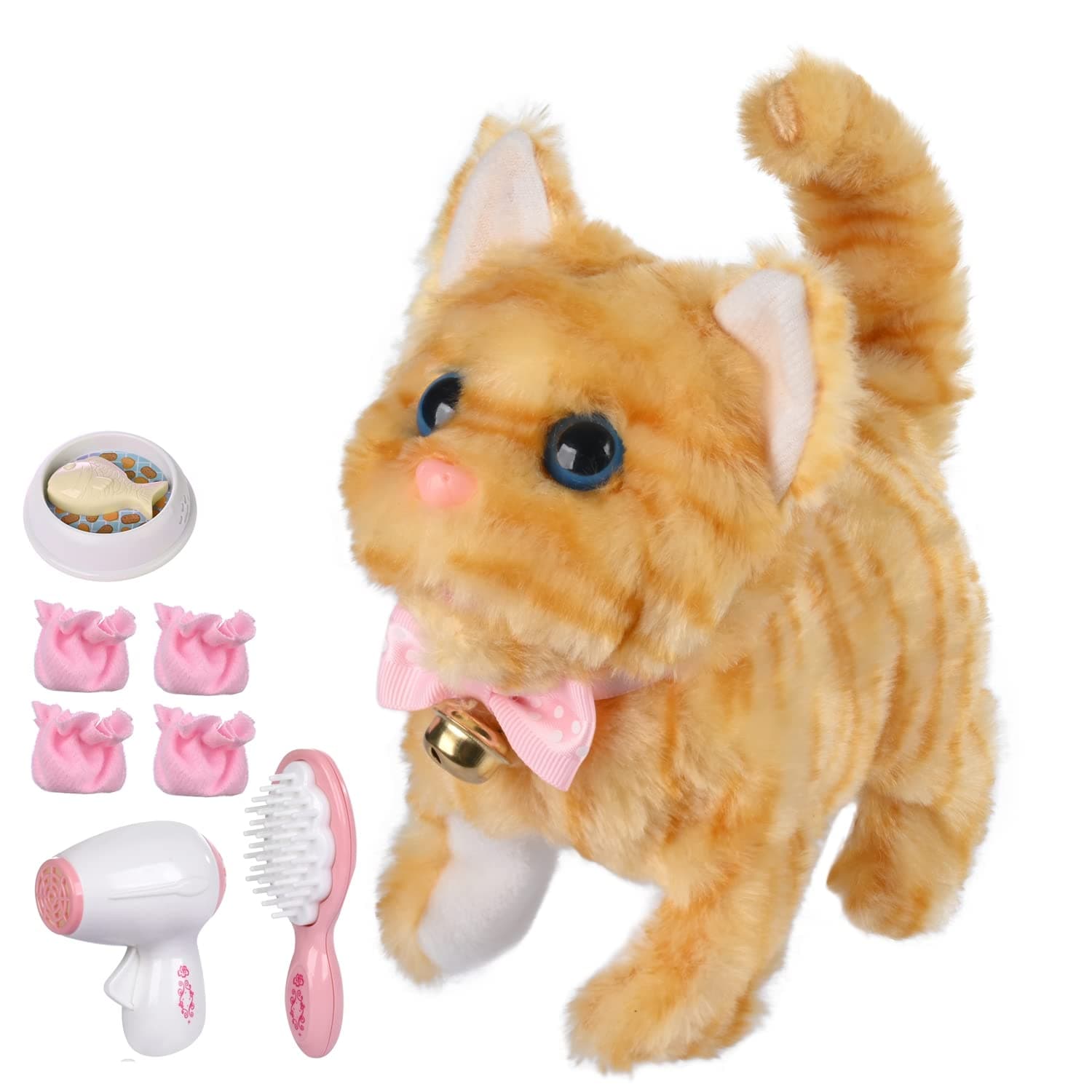 WorWoder Electronic Plush Interactive Cats for Kids That Move and Meow Waliking Lifelike Interactive Toy pet Stuffed Kitten for Girls Kids (Yellow Stripes)