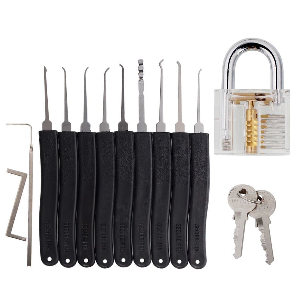 11-Piece Lock Pick Set with Transparent Practice Padlock Lock Picking Tools for Locksmith Unlocking Training