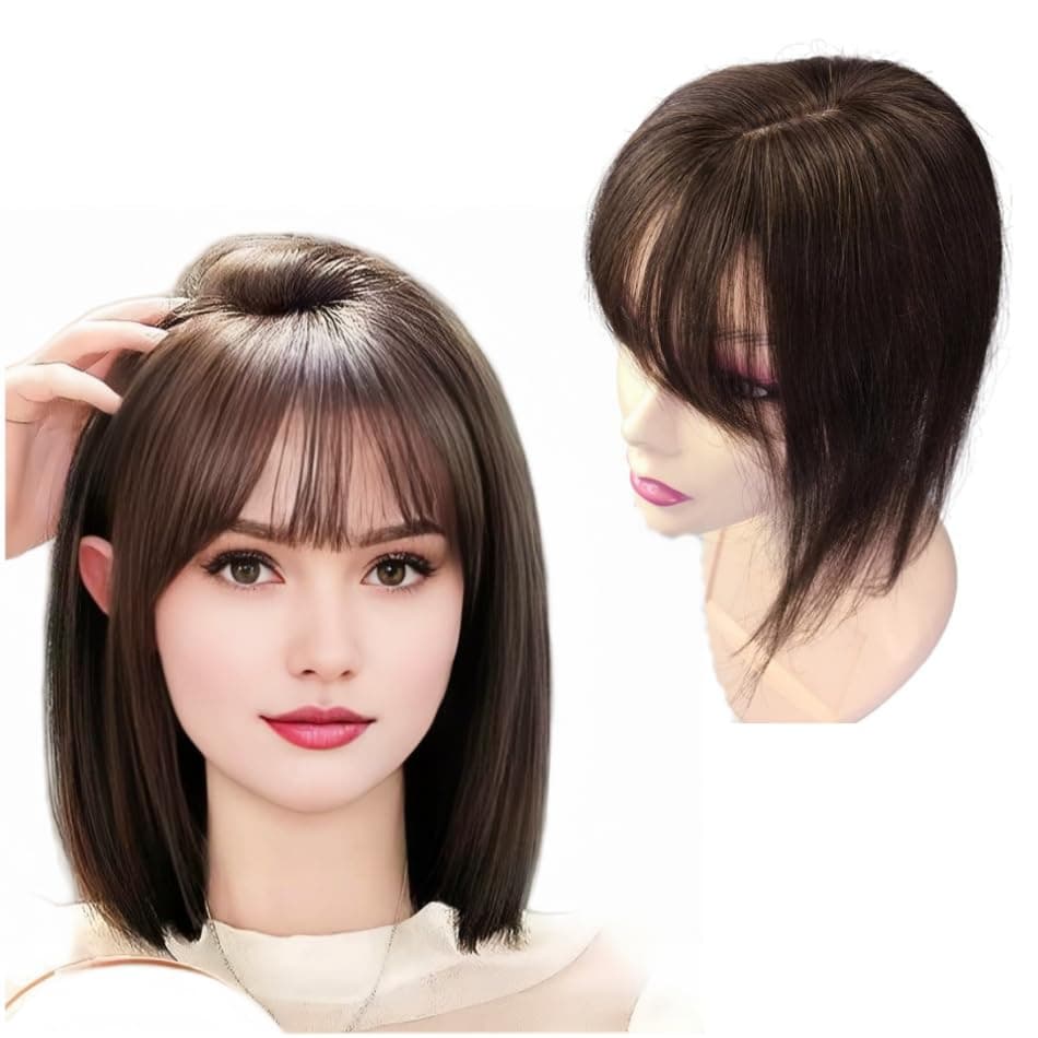 Anemone Invisible Human Hair Toppers For Women Clip In Toppers With 3D Air Bangs Fringe Straight 10x11cm Middle Part PU Scalp Wiglets Hairpieces Increase Hair Volume (30cm, Dark Brown)
