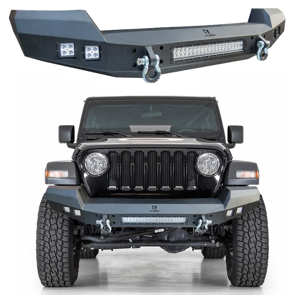 Ronghui Wrangler Full-Width Textured Black Front Bumper with LED Lights and D-Rings Compatible with 2007-2023 Wrangler JK/JL