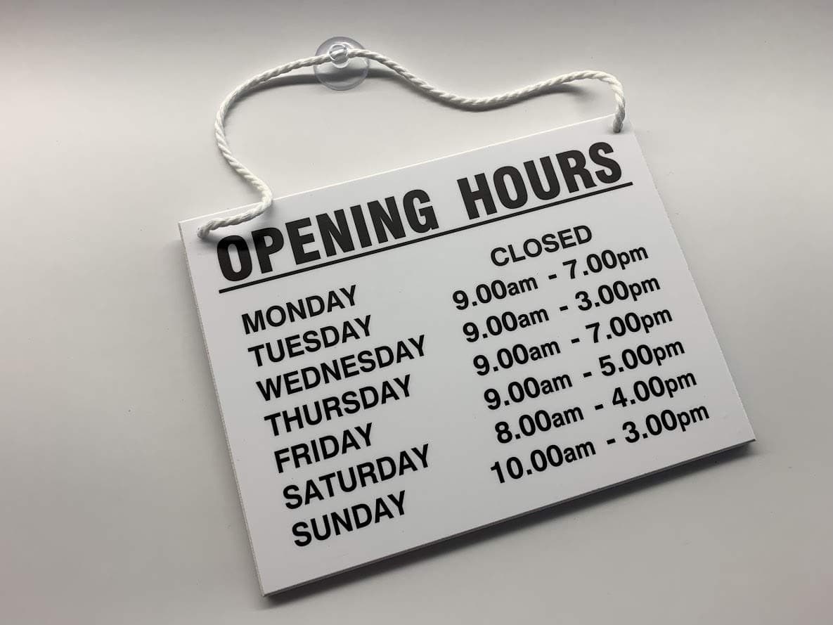 Opening Hours - Opening Times - Hanging Sign