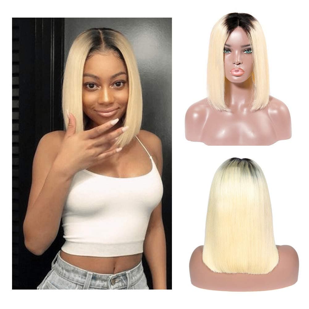 Loviness Lace Front Straight Bob Human Hair Wigs With Baby Hair Ombre Wigs 1B/613 Blonde 180% Density 13x4 Lace Frontal Glueless Remy Hair Brazilian Virgin Hair Pre Plucked (10 inches)