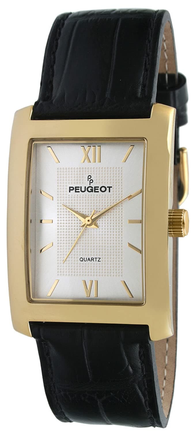 Peugeot Men's Rectangle Textured Roman Numeral Dial Classic Dress Watch with Leather Strap Band, Black/Gold, M, Made in Japan