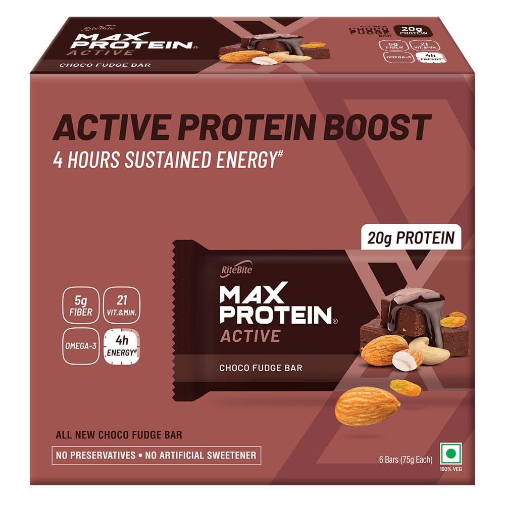 Active Choco Fudge 20g Protein Bar | Pack of 6 x 75g each | 5g Fiber, No Cholesterol & No Trans Fat, Healthy Protein Snack