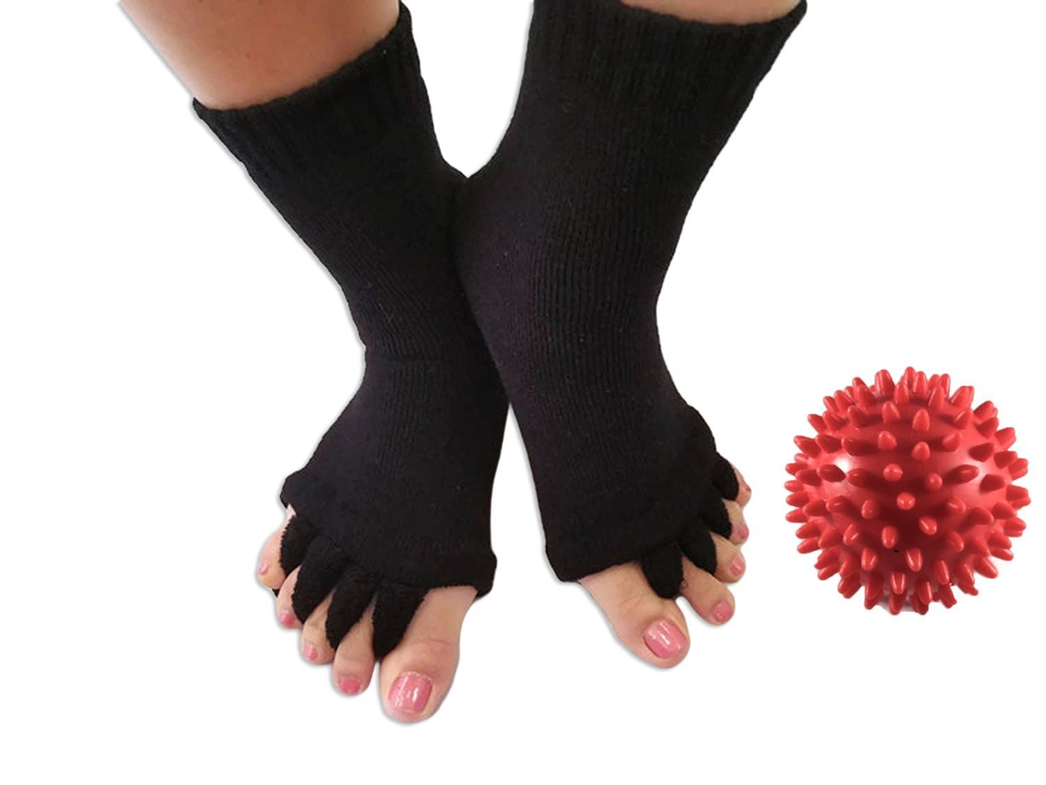 Toe Separator Yoga Gym Sports Massage Socks for Foot Alignment, Great for Sore Feet and Diabetics with Free Exercise Guide! (Ball + Black)
