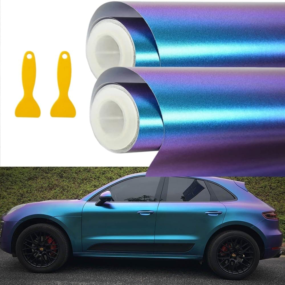 Paint Protection Film,2 Rolls 30 * 152cm Chameleon Vinyl Wrap Matte Metallic Vehicle Film,Purple to Blue Changing Color