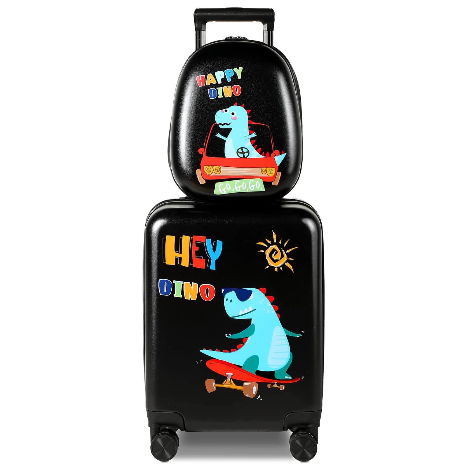 Kids Luggage and Backpack 18" Suitcase with Spinner Wheel Hard Case Travel 13" Backpack Girl Suitcase Set for Kids Travel Supplies(Black,Dinosaur Style)
