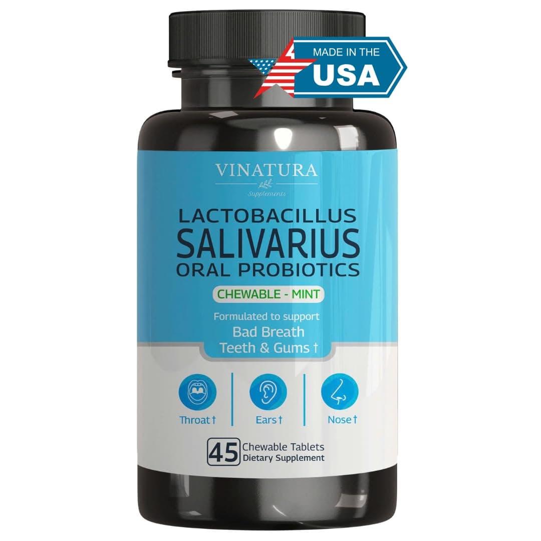 VINATURA Lactobacillus Salivarius Oral Probiotics - Mouth Bad Breath Treatment for Adults, Dental probiotics for Teeth and Gums, Throat, Ear, Nose - 45 Chewable Mint Tablets