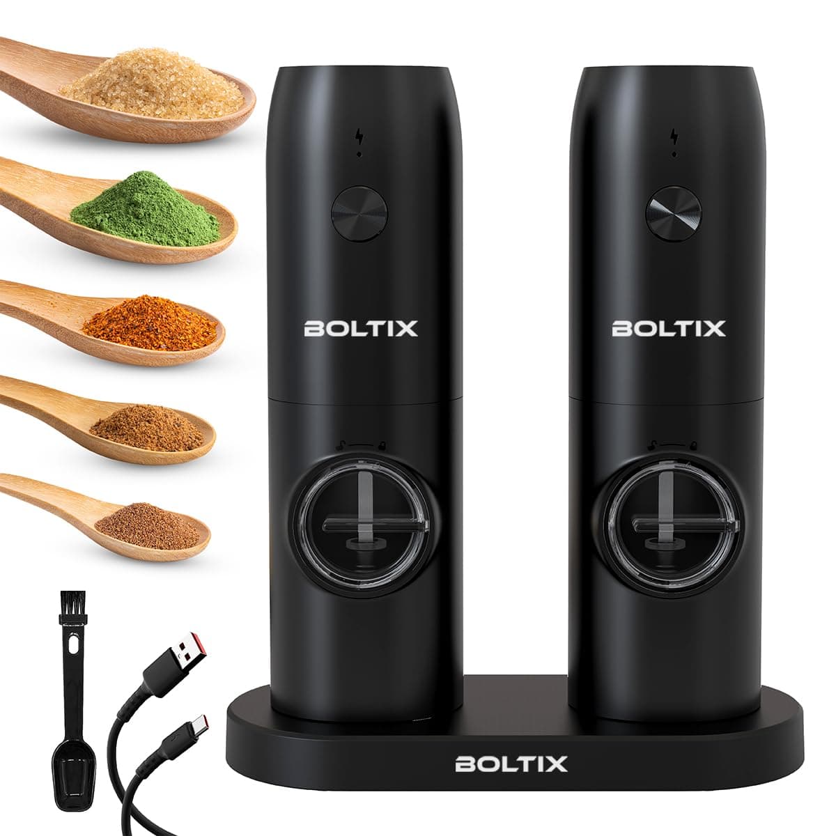 Electric Salt and Pepper Grinder Set (2 Pack), Stainless Steel Rechargeable LED Light Grinder, 5 Adjustable Coarseness, Rechargeable and Portable for Kitchen with Charging Base, 70ml