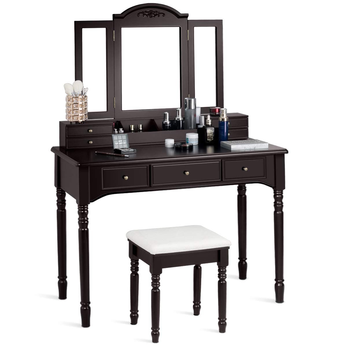 MultigotDressing Table Set, Wooden Makeup Desk with Cushioned Stool, Detachable Tri-Folding Mirror, 7 Drawers & 8 Necklace Hooks, Vanity Dresser for Bedroom and Living Room (Brown)