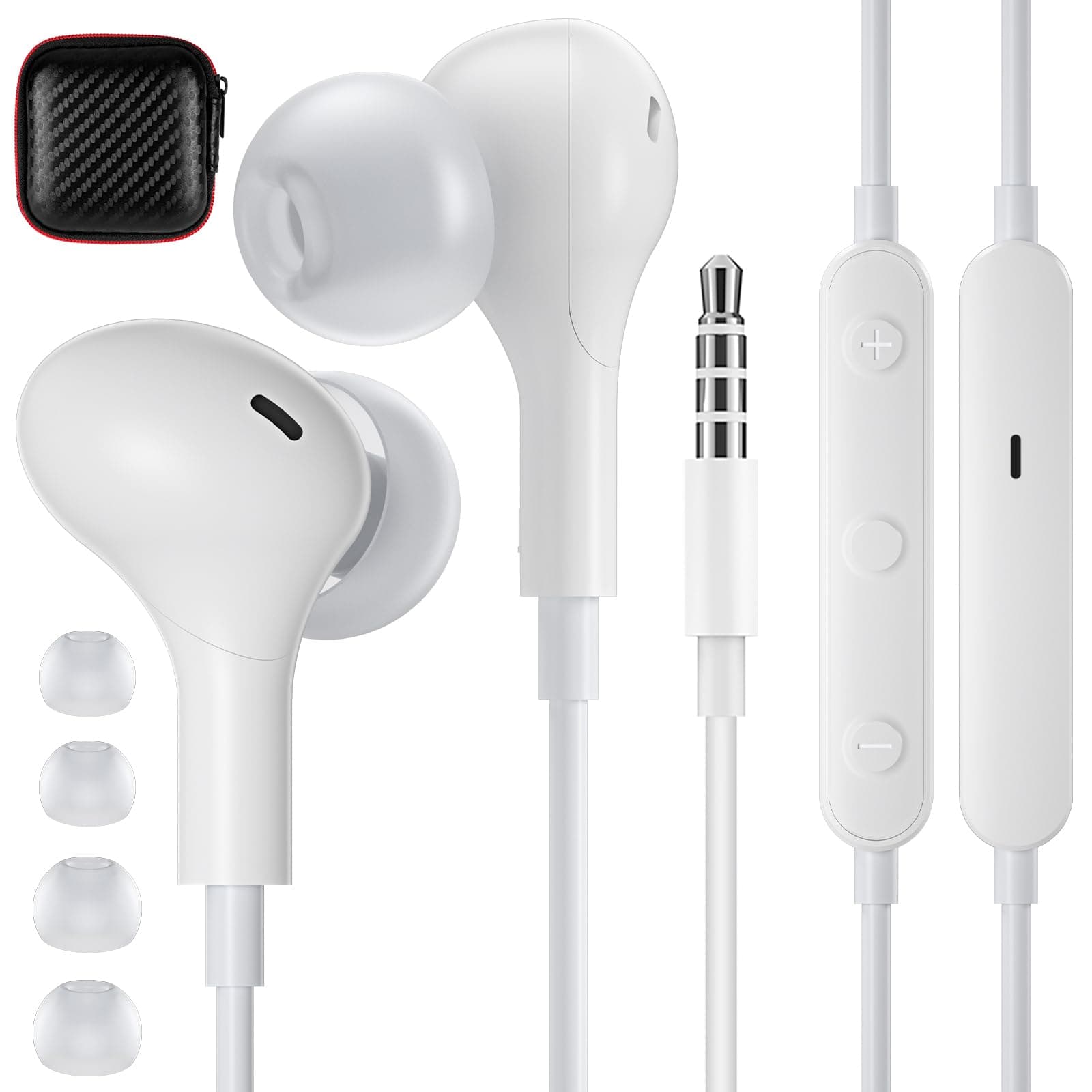 Wired Earbuds in-Ear Headphones for Laptop/PC, Noise Isolation Small Earphones Corded 3.5mm Jack Plug-in Ear Buds Mic Volume Control for iPhone/Samsung/Android/Gaming Console/Kid/School, White