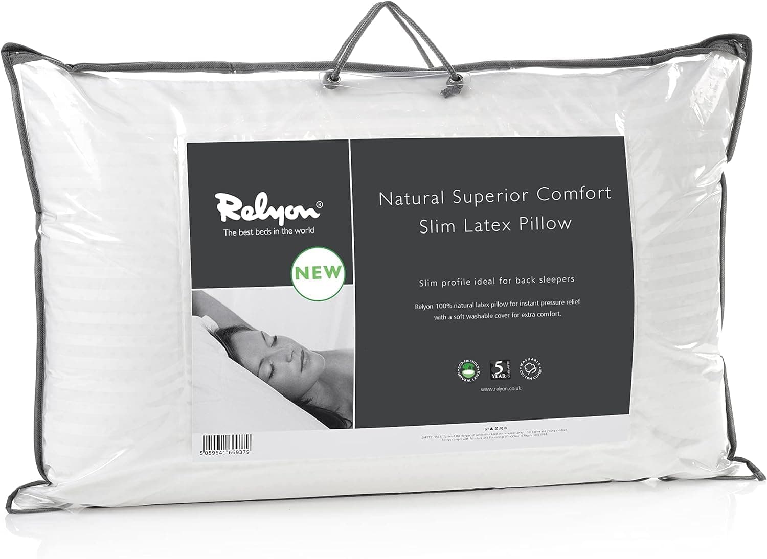 Superior Comfort Slim Breathable Natural Latex Pillow with a Soft 100% Cotton Cover, White, W63cm x H45cm x Depth 10cm,Pack of 1