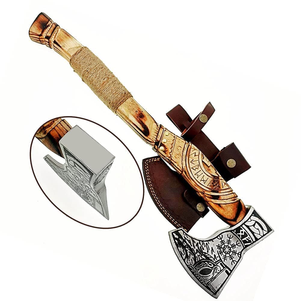 Poshland AX-7000 Custom Gift Forged Carbon Steel Viking Axe with Rose Wood Shaft, Viking Bearded Camping Axe