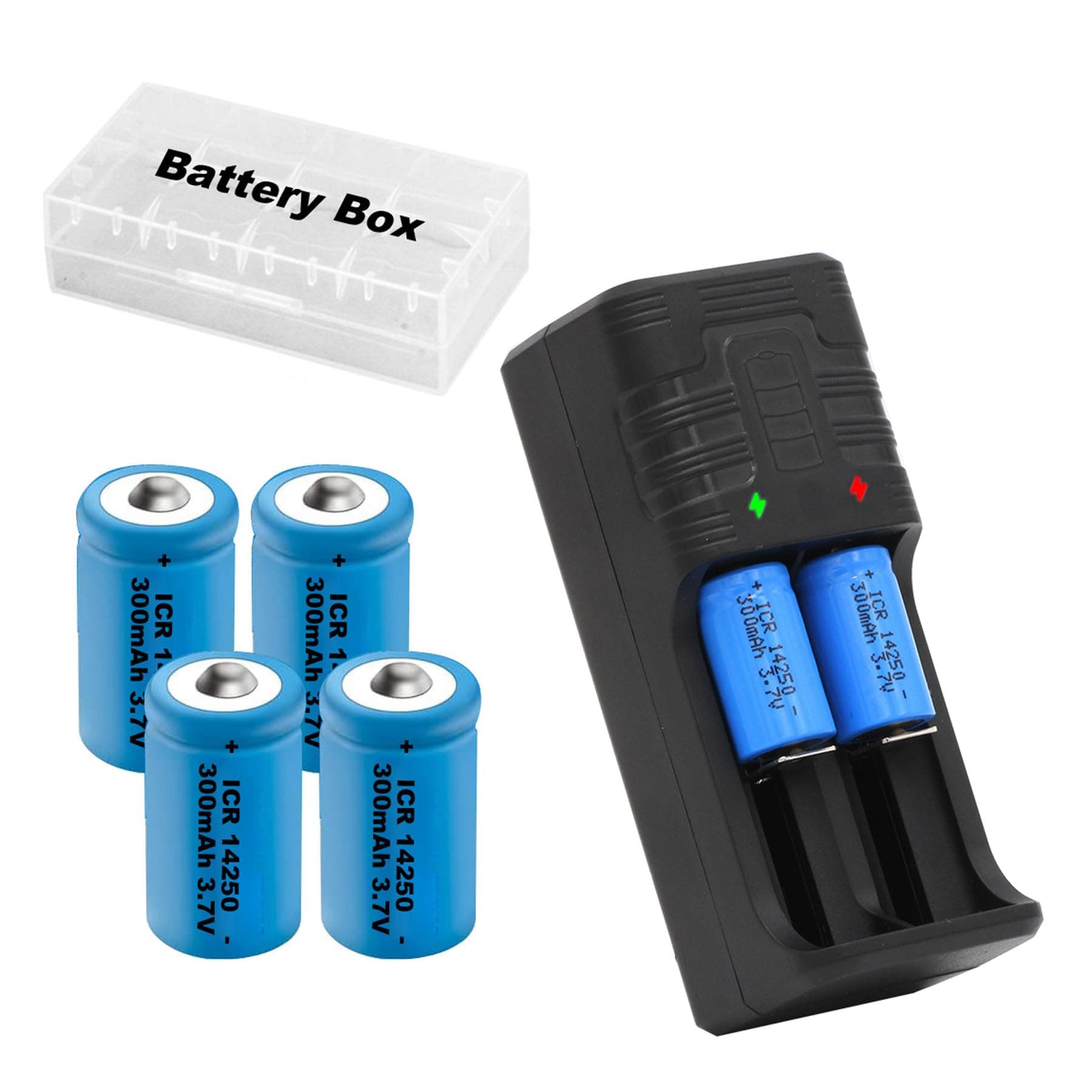 14250 Battery Charger with 4X 300mah 14250 Battery, 4 Pack Lithium Ion 1/2 AA Size Batteries Can Replace 3.6 Volt LS 14250, ER14250, 3v CR14250 Battery for Laser