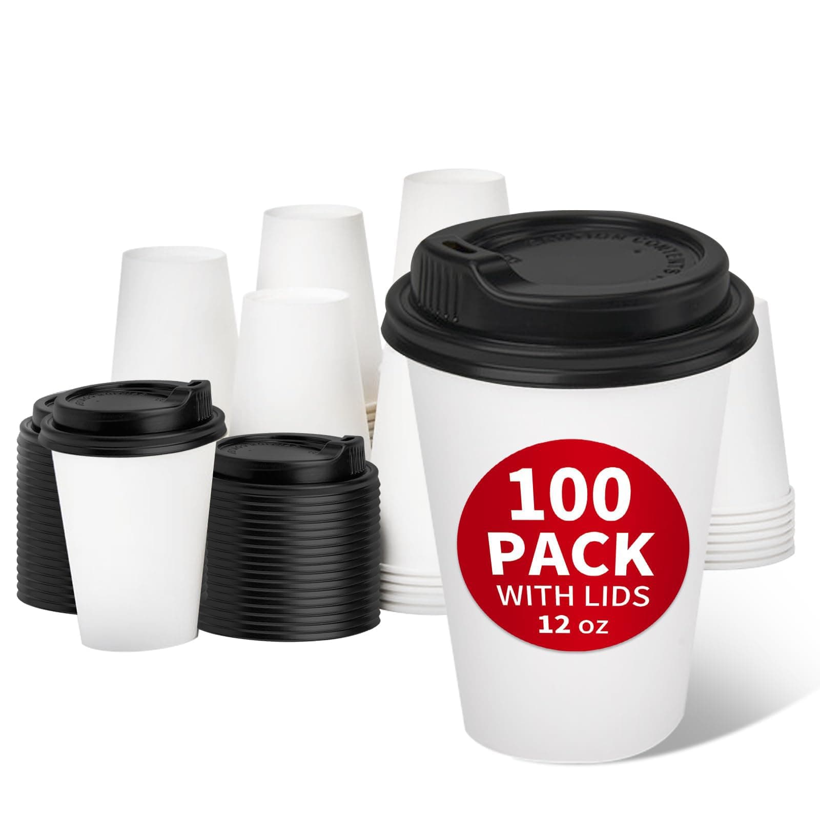 100 Pack 12 oz Disposable Paper Coffee Cups with Lids, Paper Cups with Lids 12 oz, Hot Cups for Home/Office