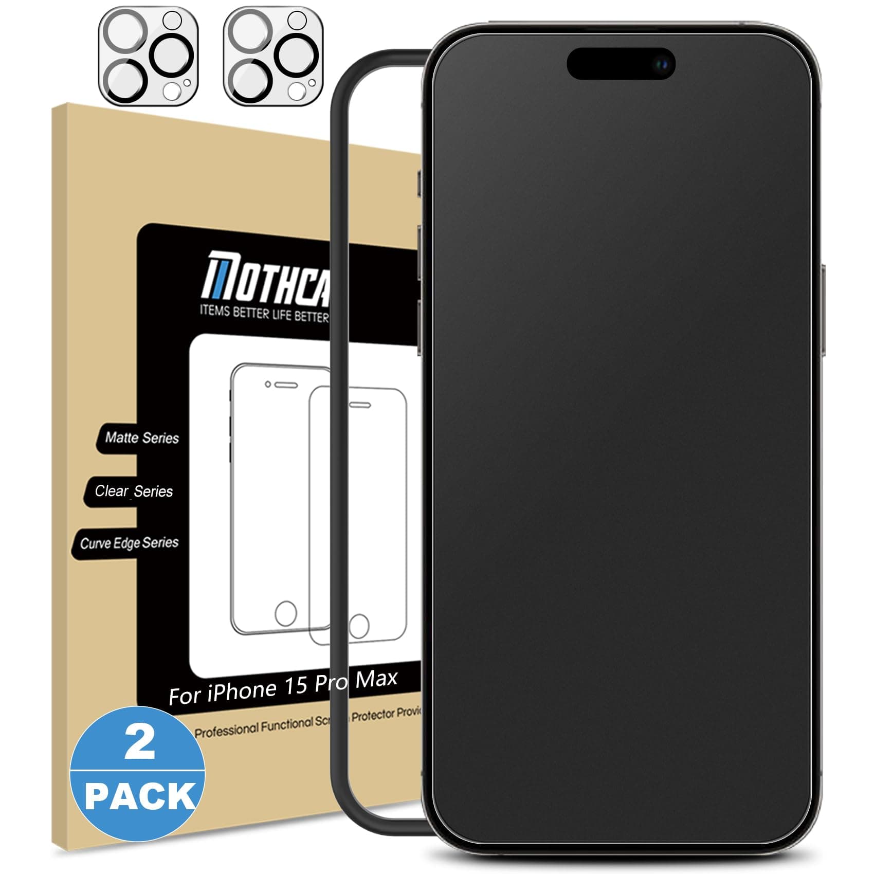 Mothca Matte Screen Protector for iPhone 15 Pro Max, 9H Tempered Glass Matte Anti-Glare & Anti-Fingerprint + 2x Camera Lens Protector (2 + 2 Pack)