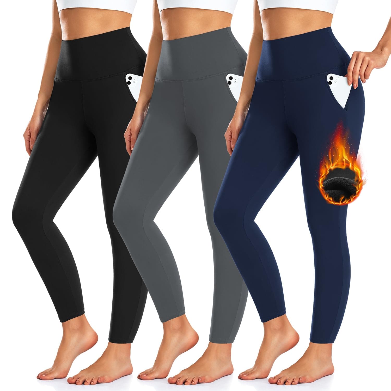 3 Pack Fleece Lined Leggings Women with Pockets -Warm Winter Yoga Pants for Women Thermal Running Workout Leggings