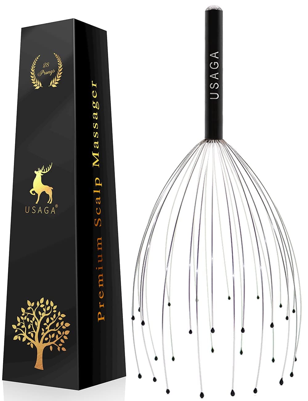 USAGA 28 Fingers Head Scratcher, Head Massager, Scalp Massager, Head Whisk Massager, Wire Massager, Ideal Stocking Stuffers Gift for Head Hair Body Massage and Stress Relax (Black)