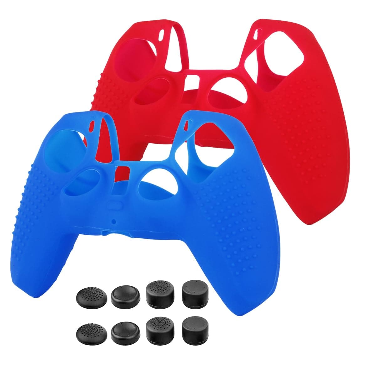 Silicone Controller Covers Compatible with PS4 Controller - 2 Pack of Anti-Slip Protector Controller Skin Case- with 4 Pairs Thumb Grips - Red & Blue