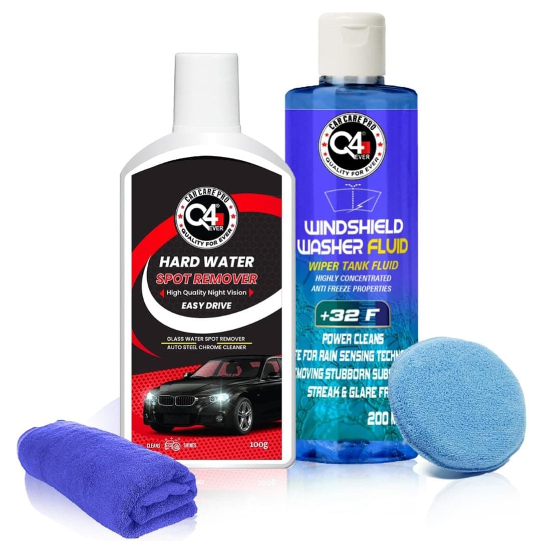 Auto Care Glass Polish Hard Water Spot Remover 100Gms + Foam Applicator + Microfiber Cloth + Windshield Washer Fluid 200ml (4 Items Pack Cream)