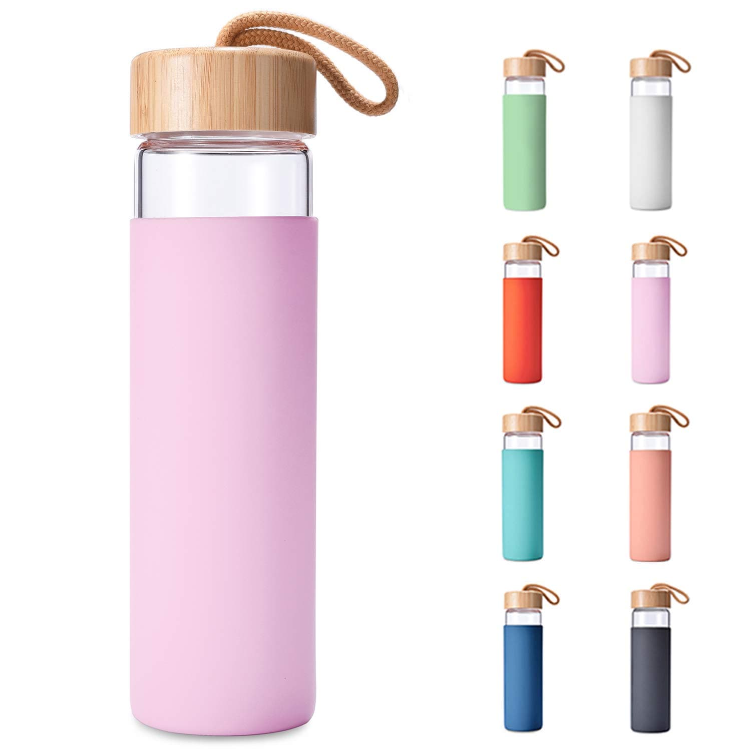 20 Oz Borosilicate Glass Water Bottles with Silicone Sleeve BPA Free, Dishwasher Safe - Reusable Clear Glass Drinking with Leak Proof Bamboo Lid | Perfect Gym Water Bottles for Men & Women
