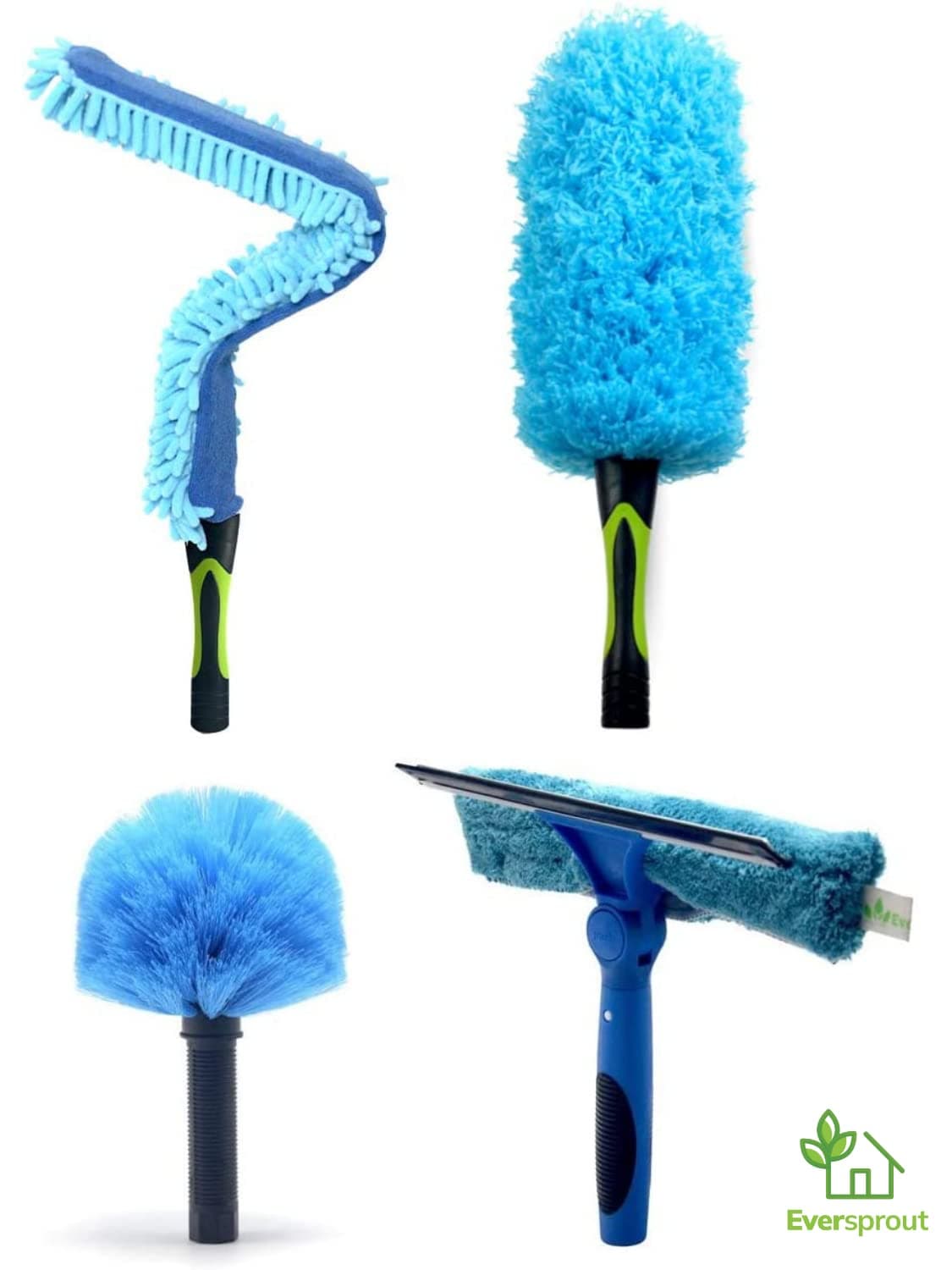 EVERSPROUT 4-Pack Duster Squeegee Kit | Swivel Squeegee, Hand-Packaged Cobweb Duster, 24'' Microfiber Duster, 24'' Flexible Ceiling Fan Duster | Twists on Standard 3/4'' Threaded Poles (no Pole)