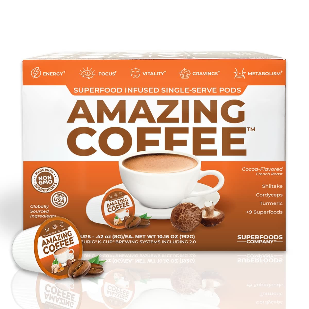 Amazing Coffee- 12 Natural Superfoods - French Roast - Weight Loss & Brain Boost - Gluten Free, Non-GMO, Sugar Free, Vegan & Keto Friendly [24 Pods] [Cocoa]
