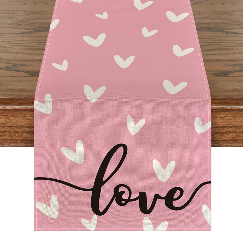 Artoid Mode Pink Love Valentine's Day Table Runner, Seasonal Anniversary Kitchen Dining Table Decoration for Indoor Home Party 13x120 Inch