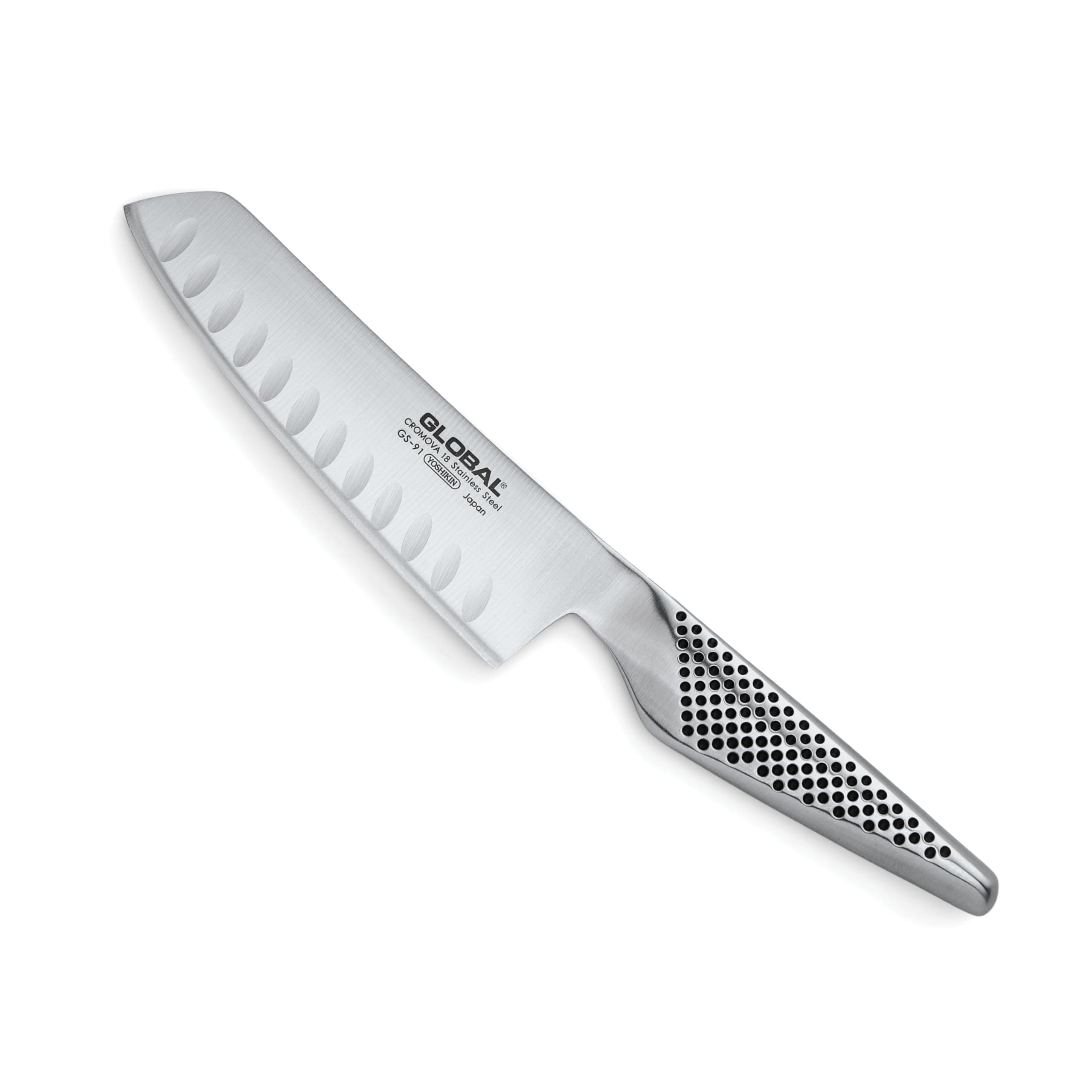Global Fluted Vegetable Knife, 14cm. Stainless Steel. Ergonomic Dimpled handles ensures safe grip. Perfectly Balanced. Handcrafted in Japan.