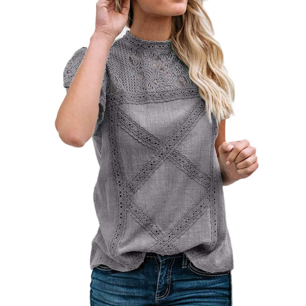 vermersWomens Sexy Lace Patchwork Flare Ruffles Short Sleeve T Shirts Blouse Fashion Summer Cute Floral Shirts Tops(M, Gray#)
