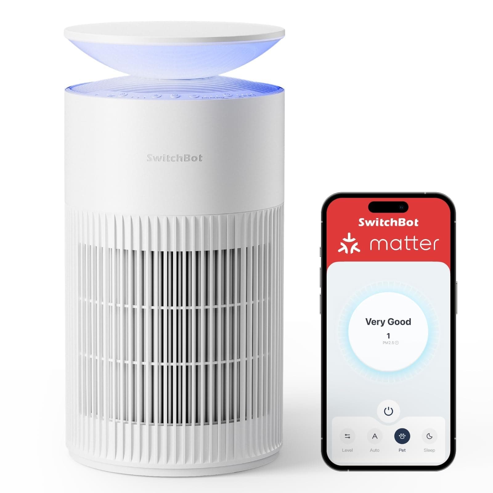 SwitchBot Air Purifier with Night Light, CADR 400m³/h for up to 83㎡, 3-Layer Filtration System removes 99.97% of pollutants, 20dB Sleep Mode, Supports Alexa&App Control, Chew-Proof Wire ideal for Pets