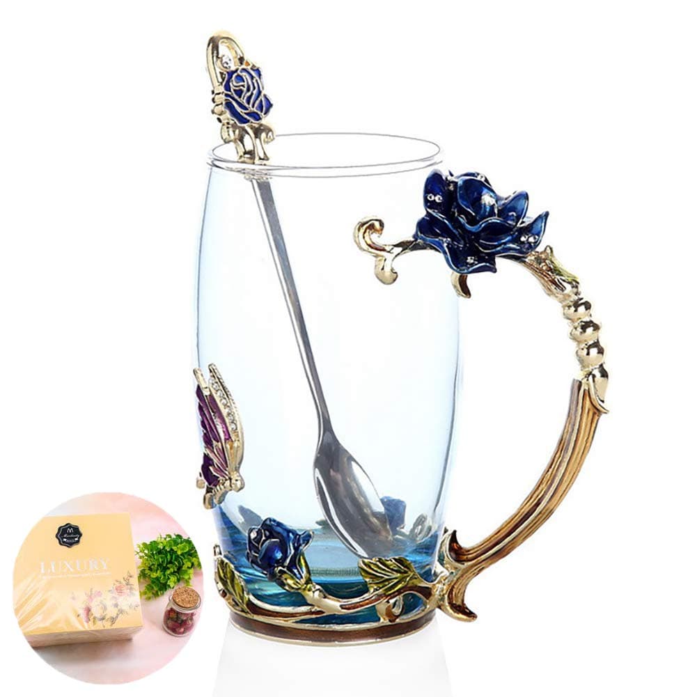 Tea Cup, Mother's Day Gifts, Coffee Mug Cups, Glass Coffee Cups Tea Mugs Handmade Butterfly Rose,13 oz (Blue) Ideal for Friend Wedding Anniversary Birthday Presents